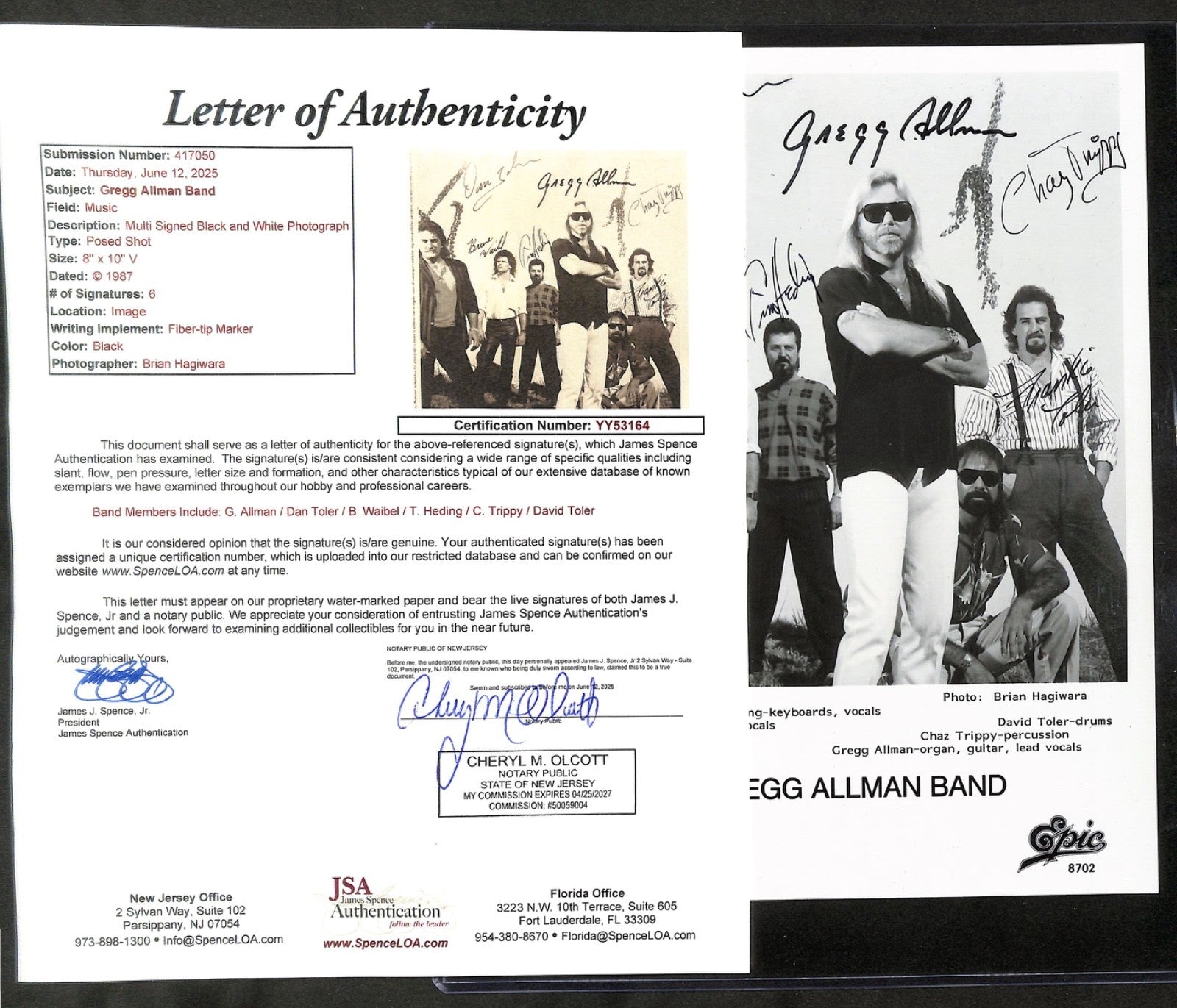 Gregg Allman Band 8"x10" Photograph Autograph JSA Authentic