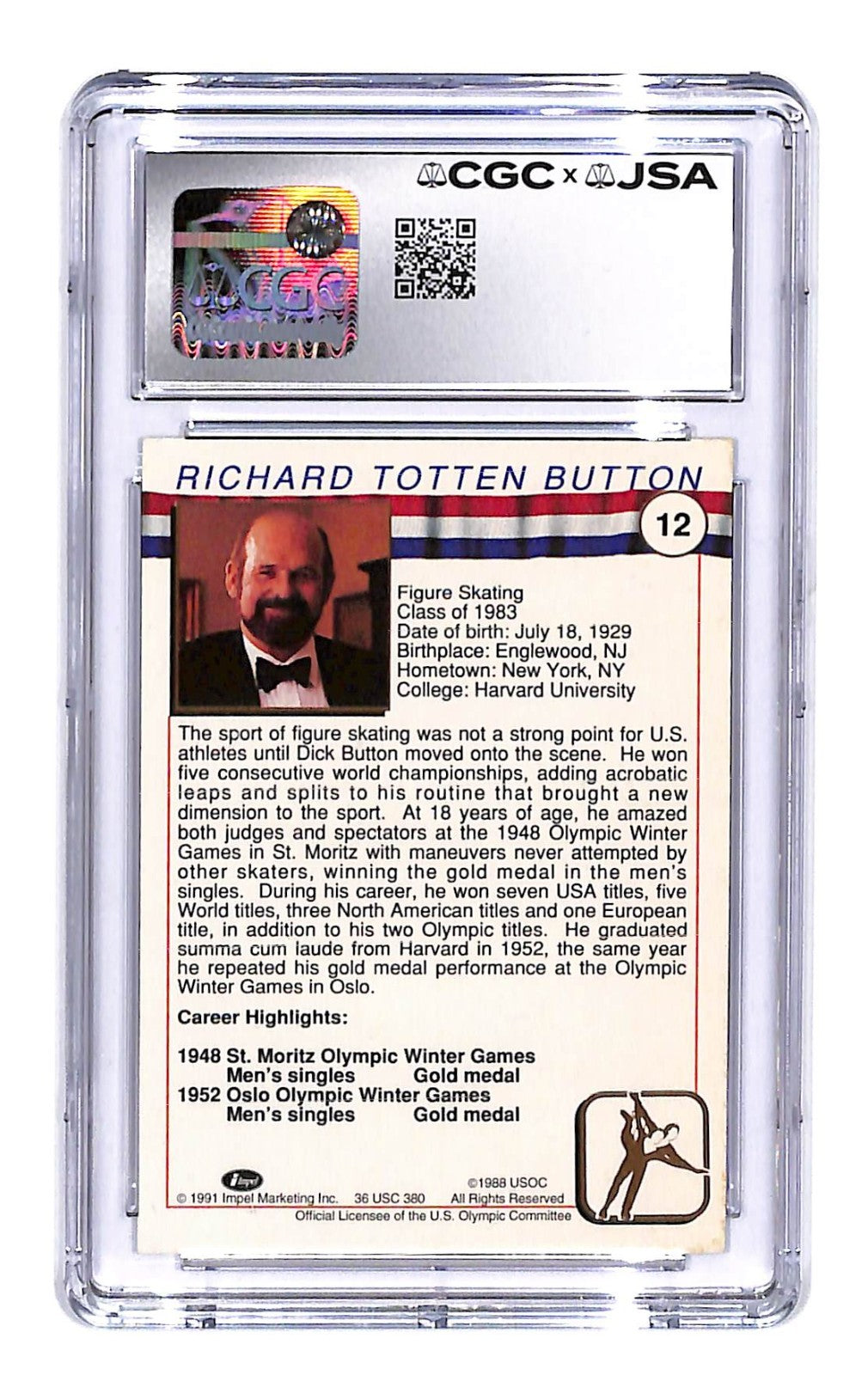 Signed 1991 Impel U.S. Olympic HOF Dick Button #12 CGC  Authentic Auto 8