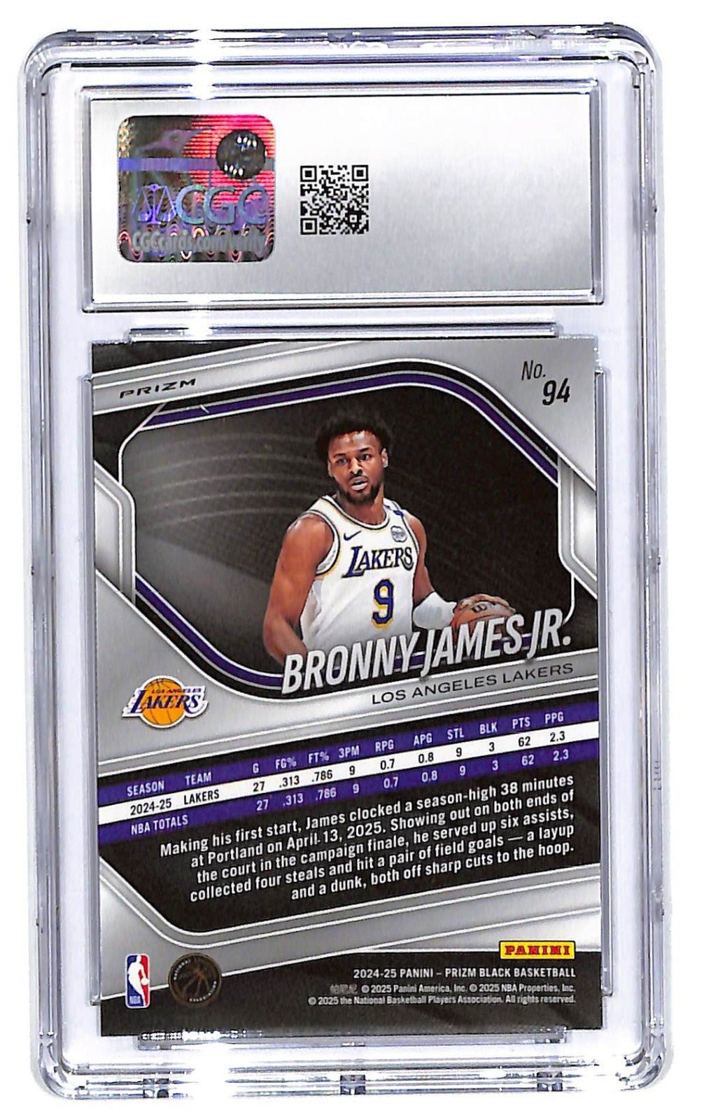 2024-25 Bronny James Panini Prizm Black Silver Prizm- #94 (RC) CGC Gem Mint 10
