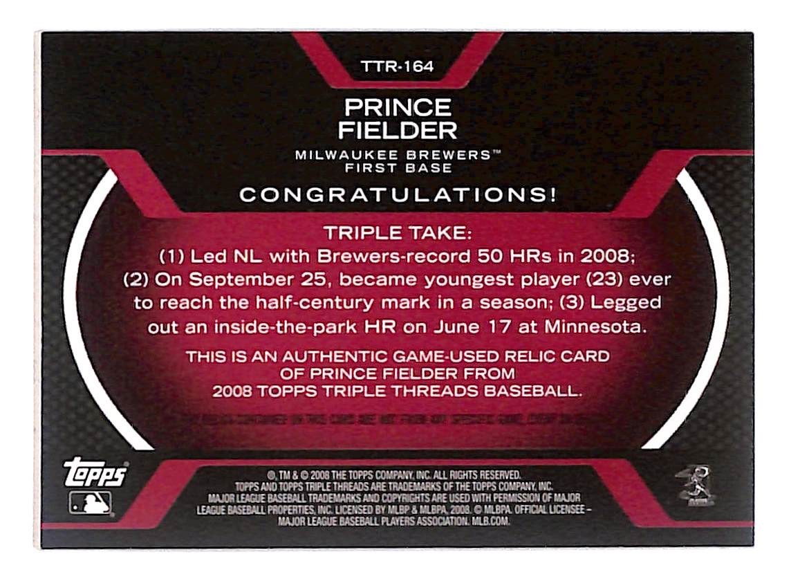 2008 Prince Fielder Topps Triple Threads Relics Red - TTR-164 #23/27