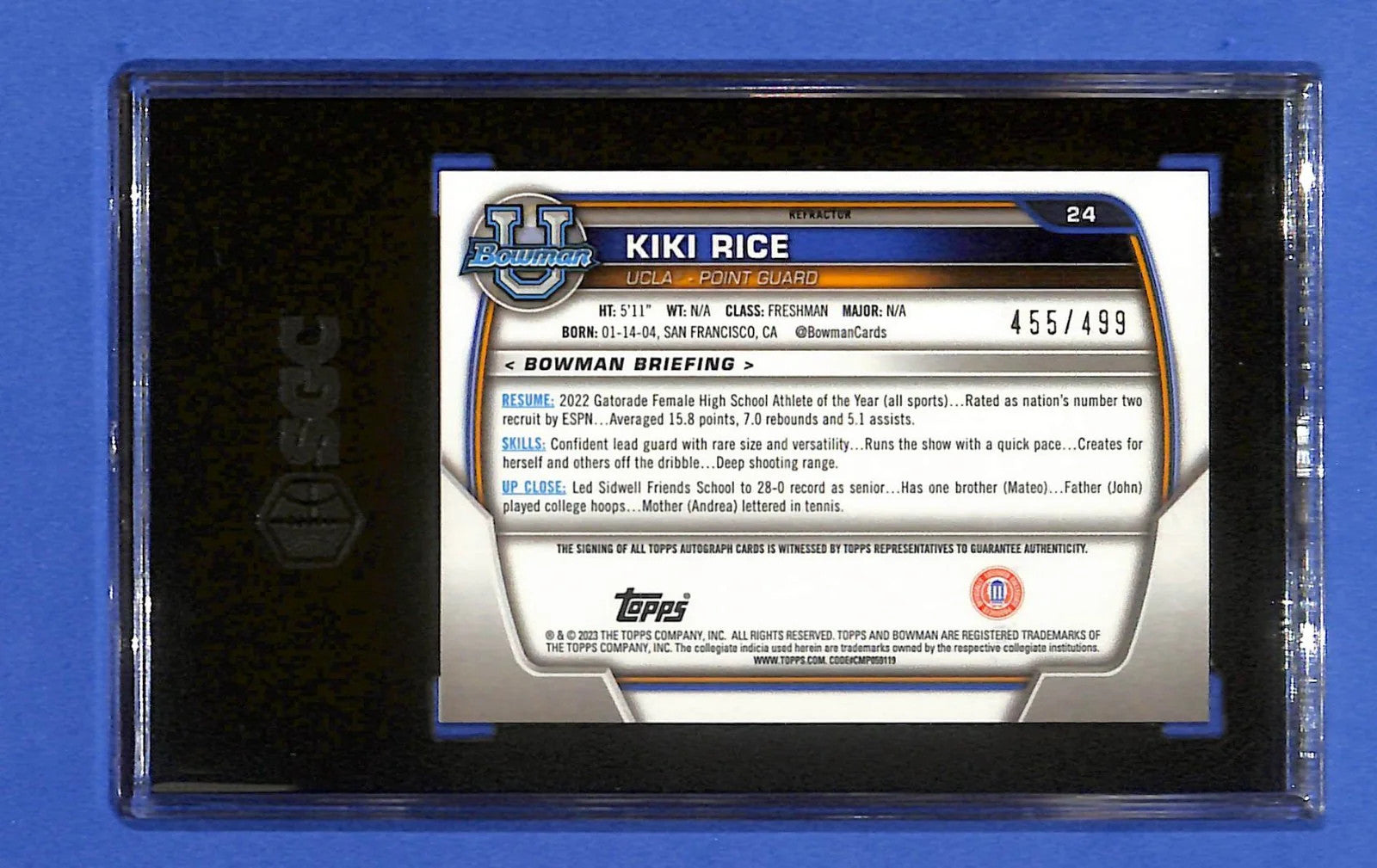 2022-23 Bowman University Chrome Kiki Rice #24 (AU,RC) Refractor #/499 SGC 9