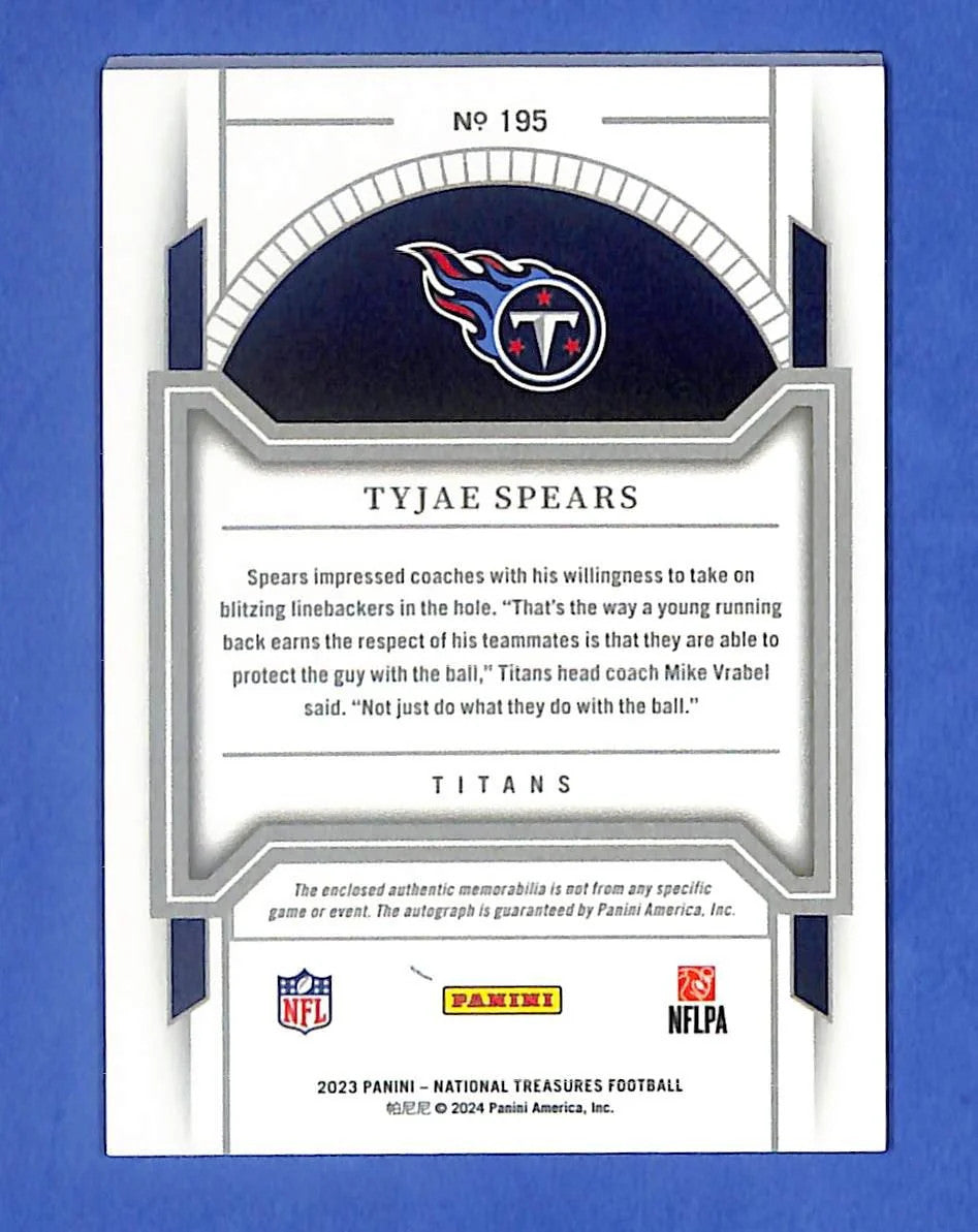 2023 National Treasures Panini - Tyjae Spears AUTO/PATCH RC /20 Tennessee Titans