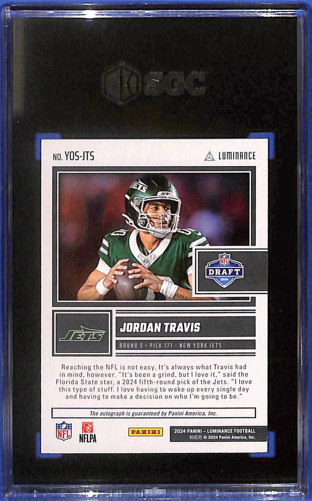 2024 Jordan Travis Panini Luminance Signatures YOS-JTS (RC) SGC 9.5 Auto 10