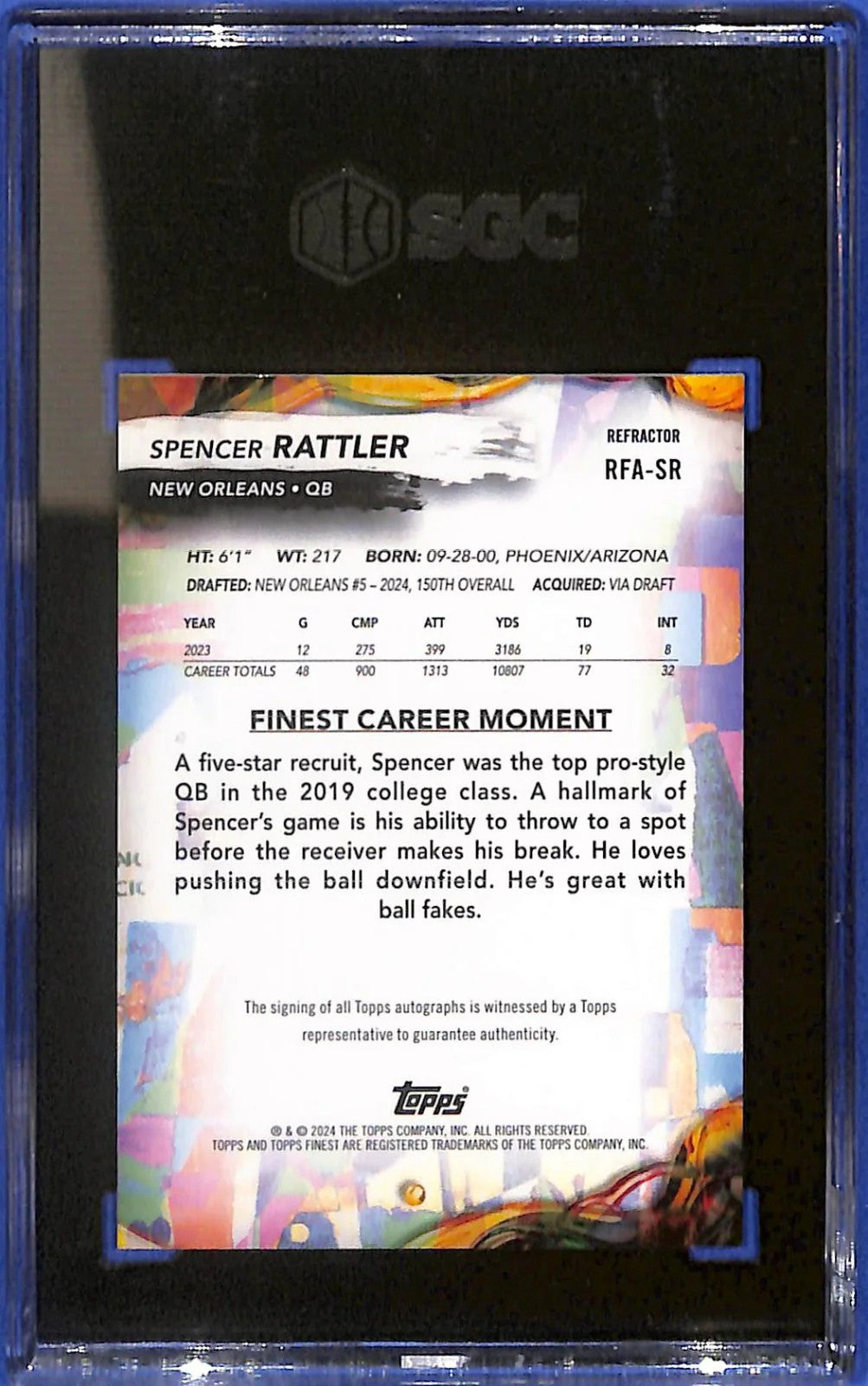 2024 Spencer Rattler Topps Finest Rookie Finest Autographs RFA-SR (RC) SGC 10