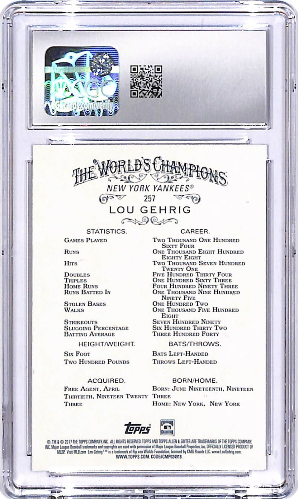 2017 Topps Allen and Ginter Lou Gehrig Hot Box Foil CGC 10 #257 Yankees
