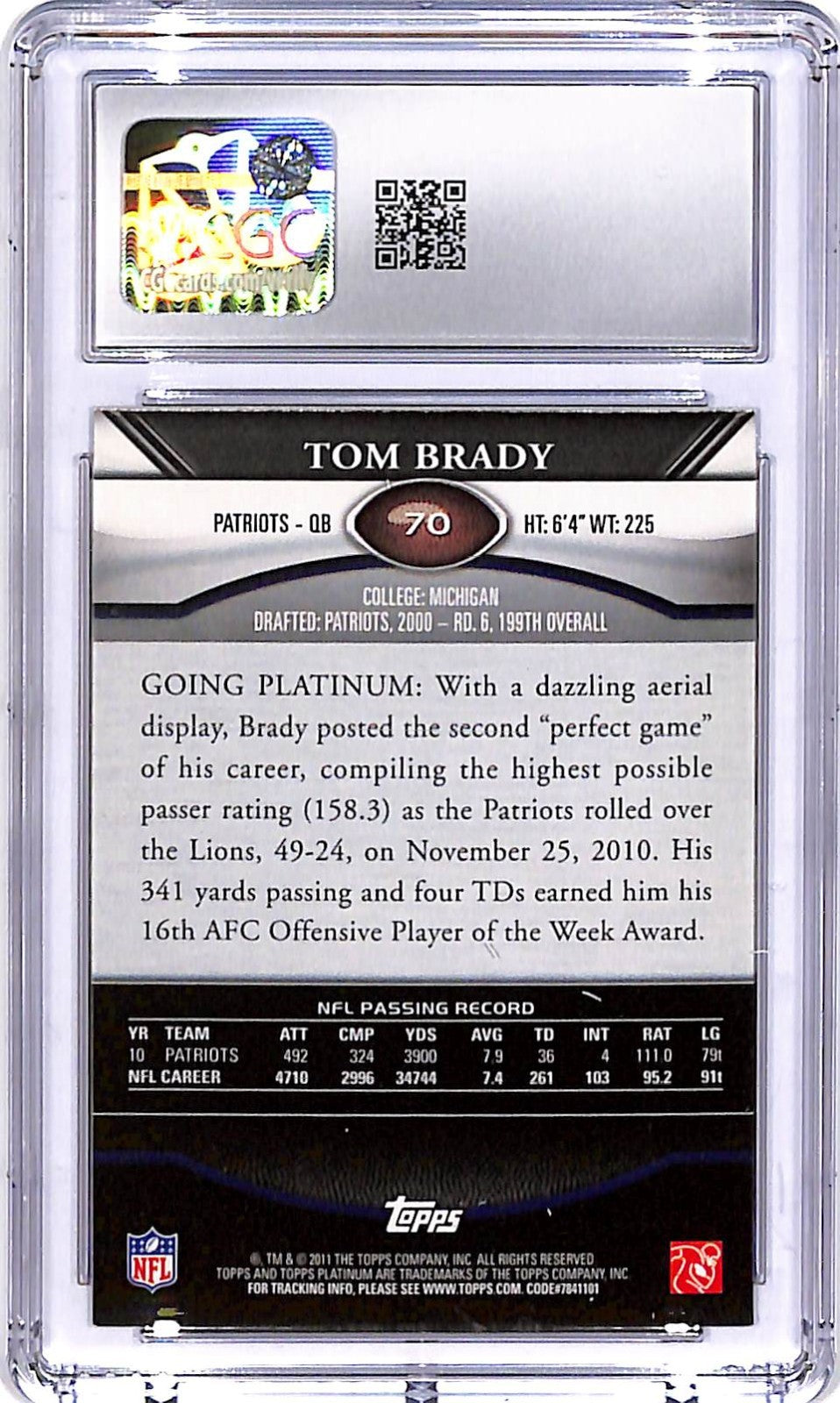 201 Topps Platinum Tom Brady #70 CGC 9 Patriots