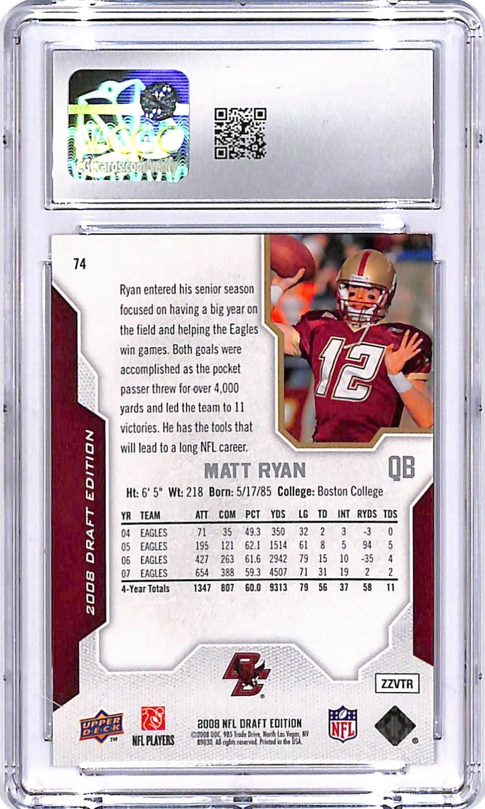 2008 Upper Deck Draft Edition Matt Ryan Rookie RC #74 CGC 10