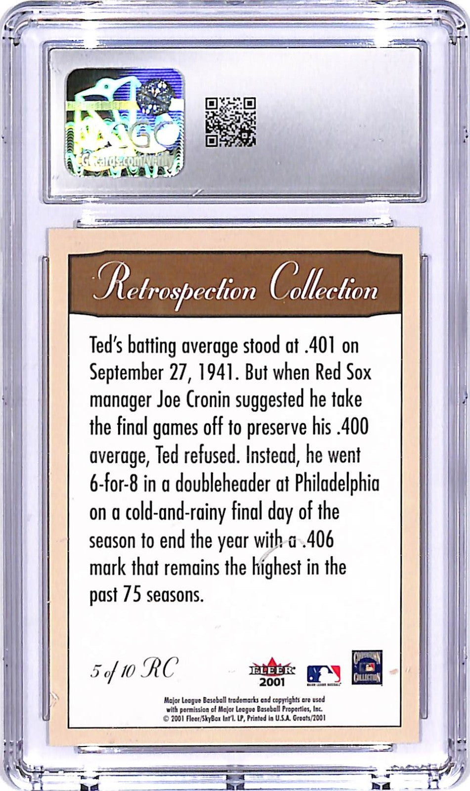 2001 Fleer Greats of the Game Ted Williams Retrospective Collection 5RC CGC 9.5