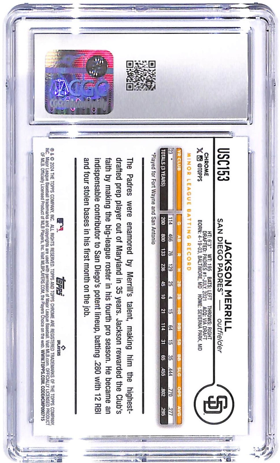 2024 Jackson Merrill Topps Chrome Update Series - #USC153 X-Fractor (RC) CGC 10