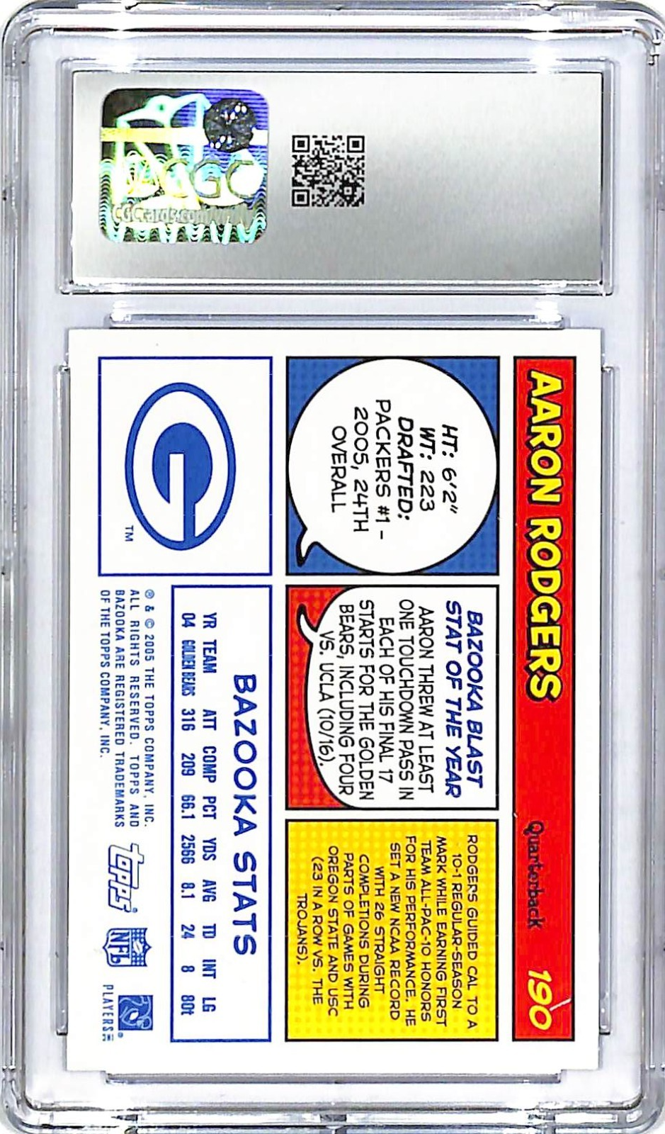 2005 Topps Bazooka Aaron Rodgers Rookie RC Blue #190 CGC 10 Packers