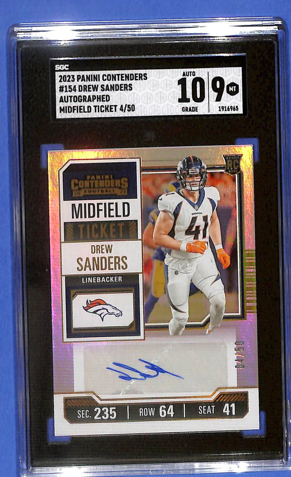 2023 Contenders Drew Sanders Auto Autograph Rookie RC Midfield Ticket SGC 9 /50