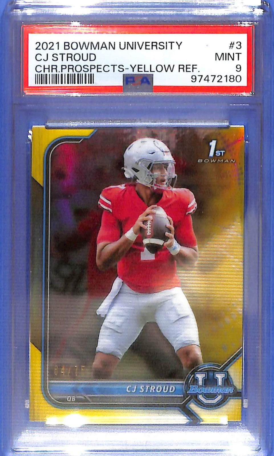 2021 Bowman Chrome University CJ Stroud Rookie RC Yellow Refractor /75 PSA 9