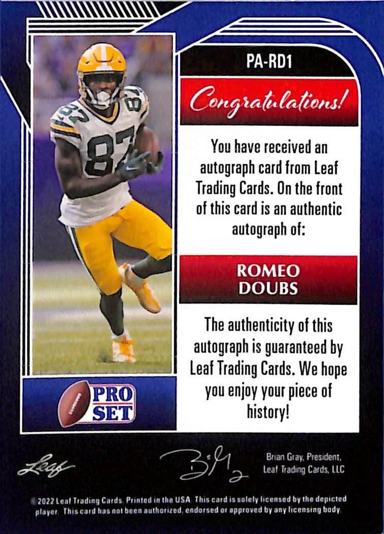 2022 Leaf Pro Set Romeo Doubs Auto Autograph Rookie RC /20 Packers