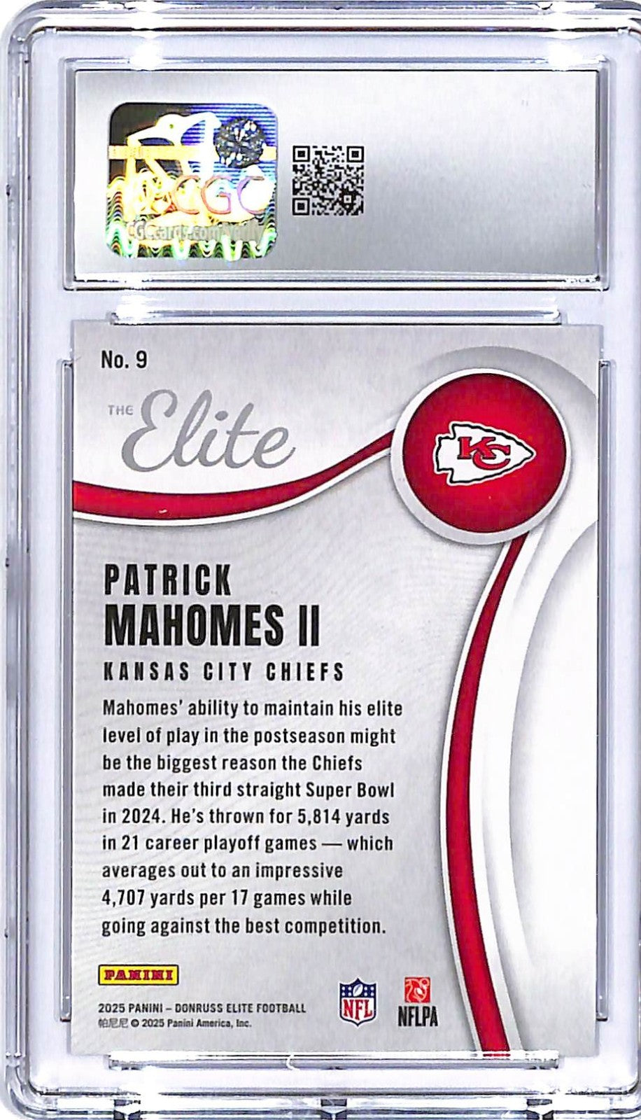 2025 Donruss Elite Patrick Mahomes The Elite /799 CGC 10 #9 Chiefs
