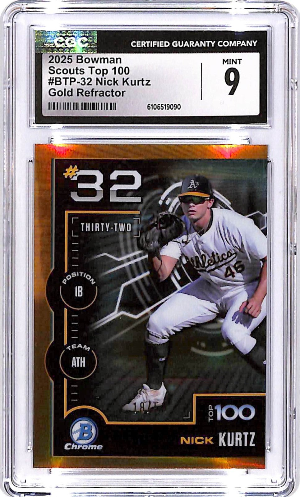 2025 Bowman Chrome Nick Kurtz Scouts Top 100 Gold Refractor /50 CGC 9 Rookie
