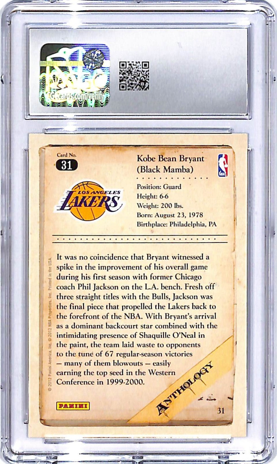 2012-13 Kobe Anthology Kobe Bryant #31 CGC 10 Lakers