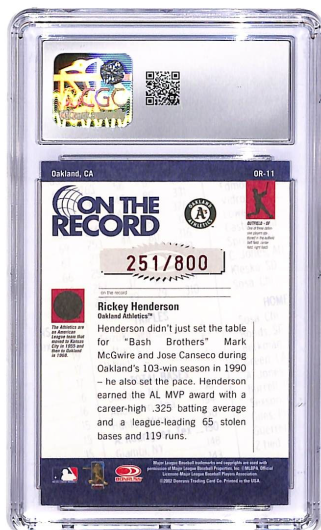 2002 Donruss Originals Rickey Henderson On The Record /800 #OR-11 CGC 9.5