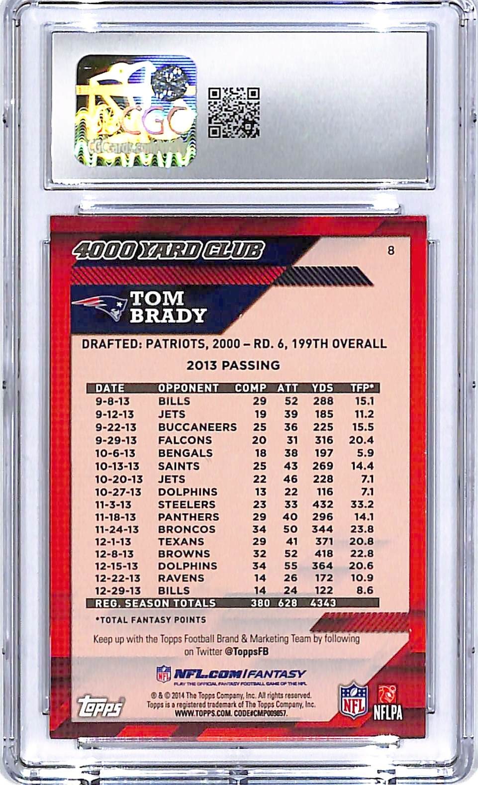2014 Topps Tom Brady 4000 Yard CLub #8 CGC 9 Patriots