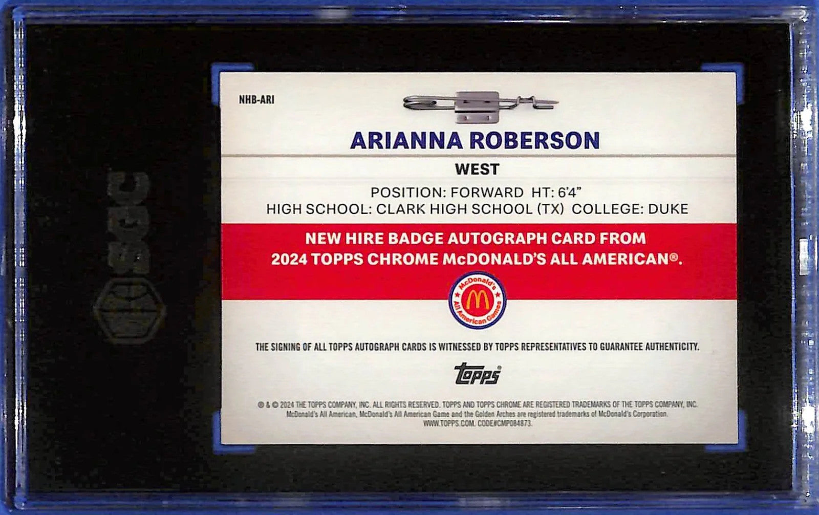 2024 Topps Chrome Mcdonalds A.A. New Hire Autograph Arianna Roberson #/75 SGC10