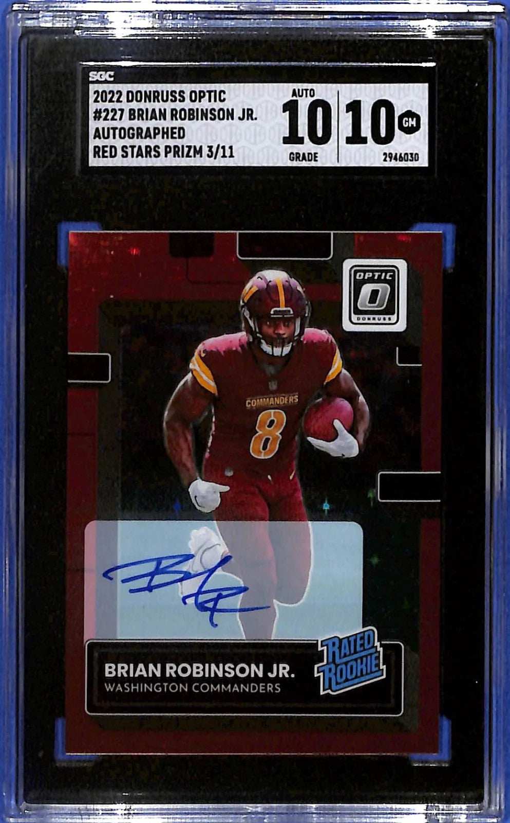 2022 Brian Robinson Jr. Donruss Rated Rookie # 227 Red Star #3/11 Auto SGC 10