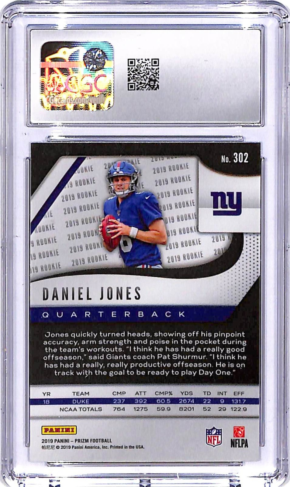 2019 Prizm Daniel Jones Rookie RC #302 CGC 9.5 Giants