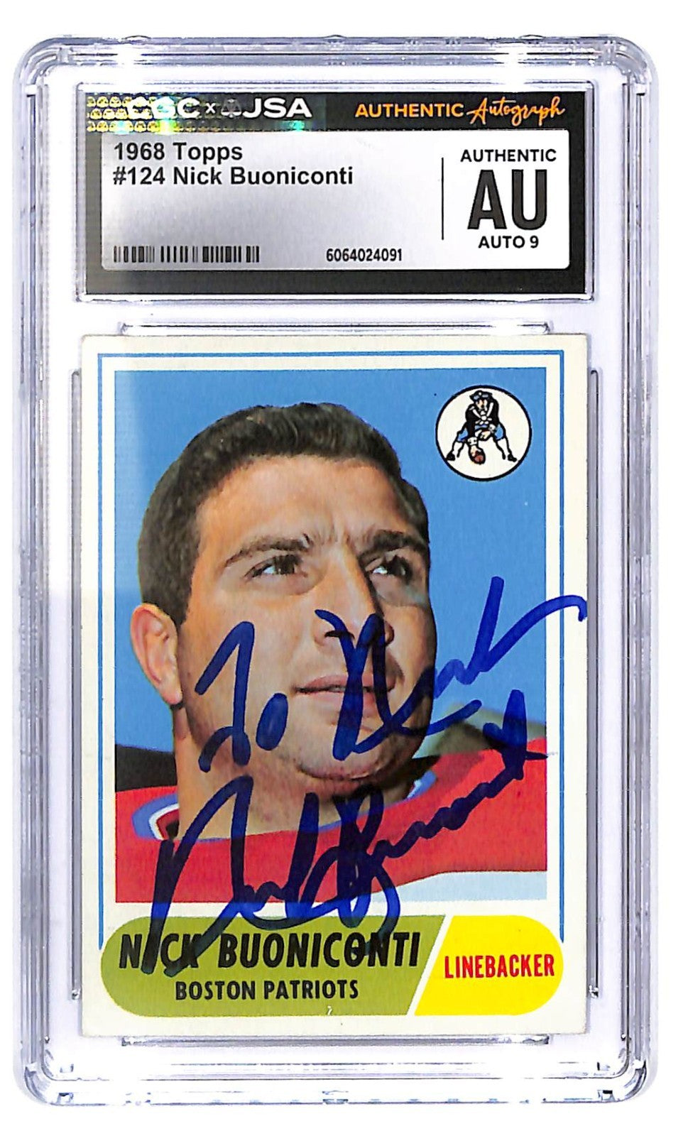 Signed 1968 Topps Nick Buoniconti #124 CGC Authentic Autograph 9 Boston Patriots