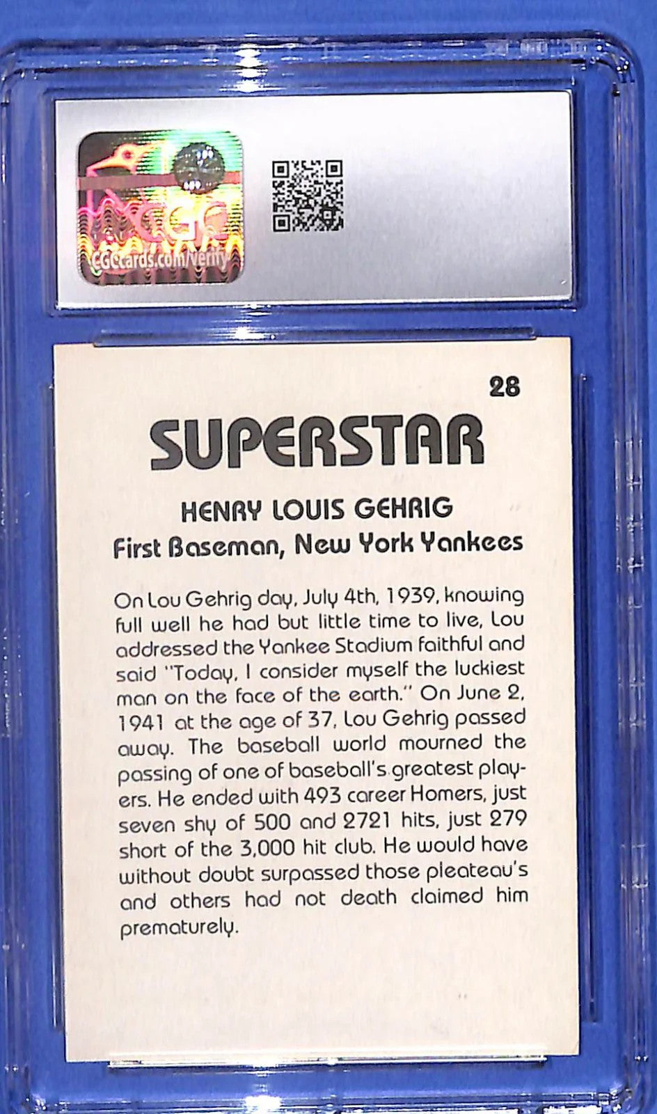 1980 TCMA Superstars - Lou Gehrig #28 CGC Grade NEAR MINT #7 New York Yankees
