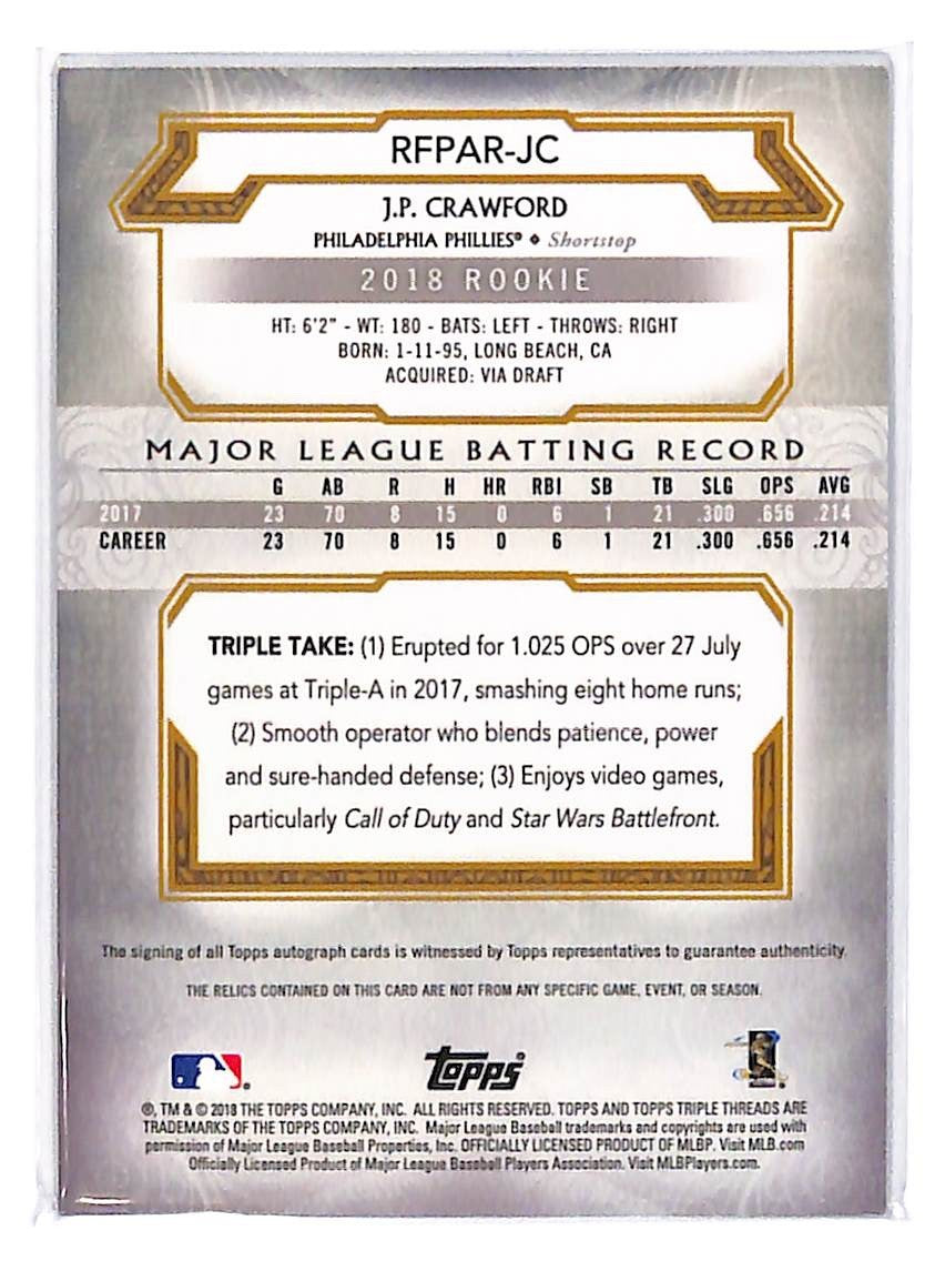 2018 JP Crawford Topps Triple ThreadsRelic Auto Emerald - RFPAR-JC #37/50
