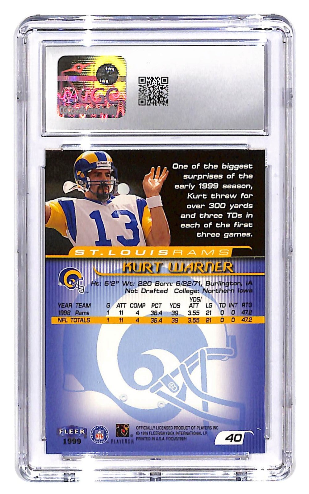 1999 Kurt Warner Fleer Focus - #40 (RC) CGC Mint Plus 9.5