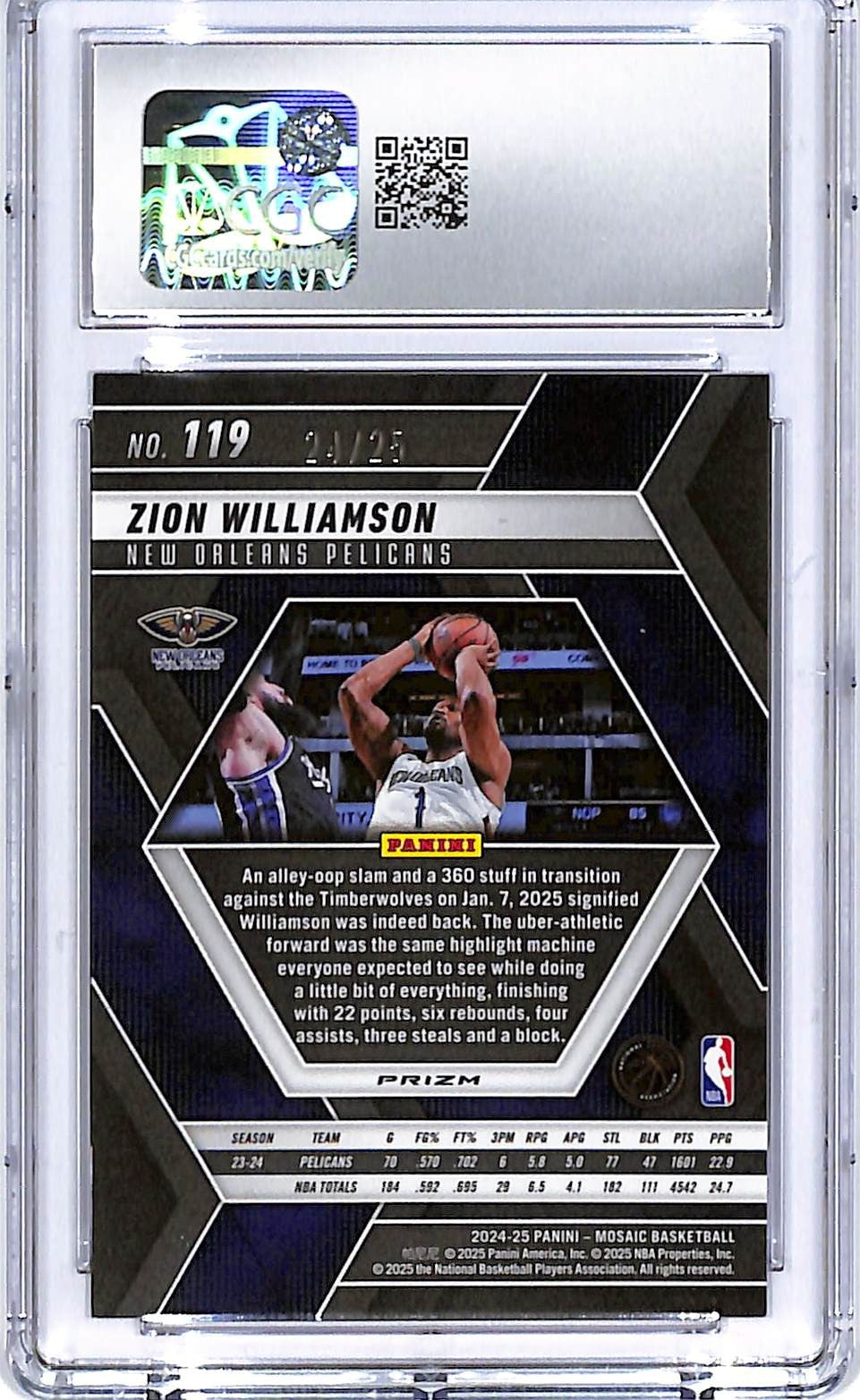 2024-25 Mosaic Zion Williamson White /25 #119 CGC 10 Pelicans