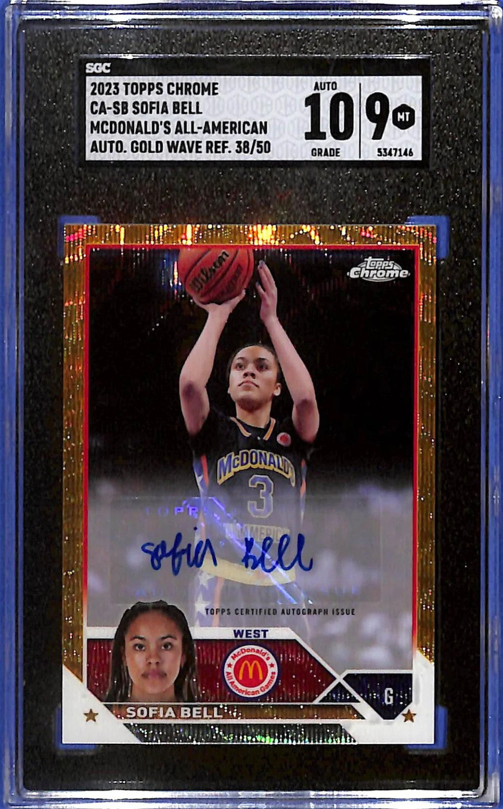 2023 Topps Chrome McD. A.A. Chrome Auto Sofia Bell Auto Gold Wave #/50 SGC 9