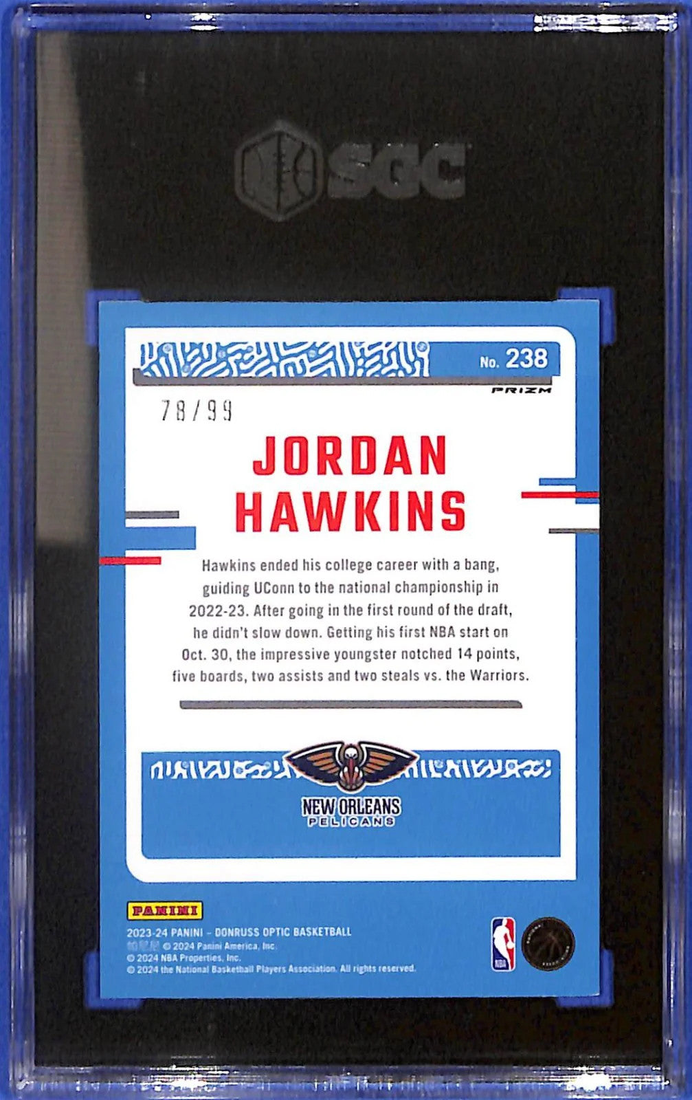 2023/24 Donruss Optic Jordan Hawkins #238 Purple Fast Break Prizm #/99 SGC 9.5