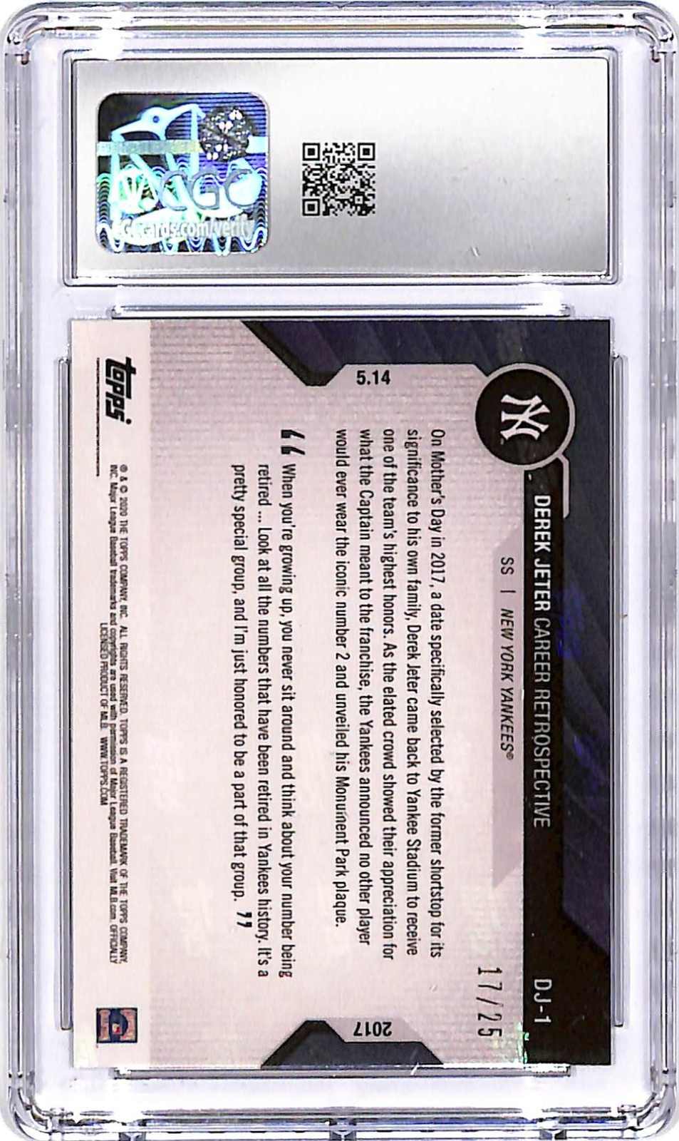 2020 Topps Now Derek Jeter Career Retrospective Purple Refractor CGC 10 /25