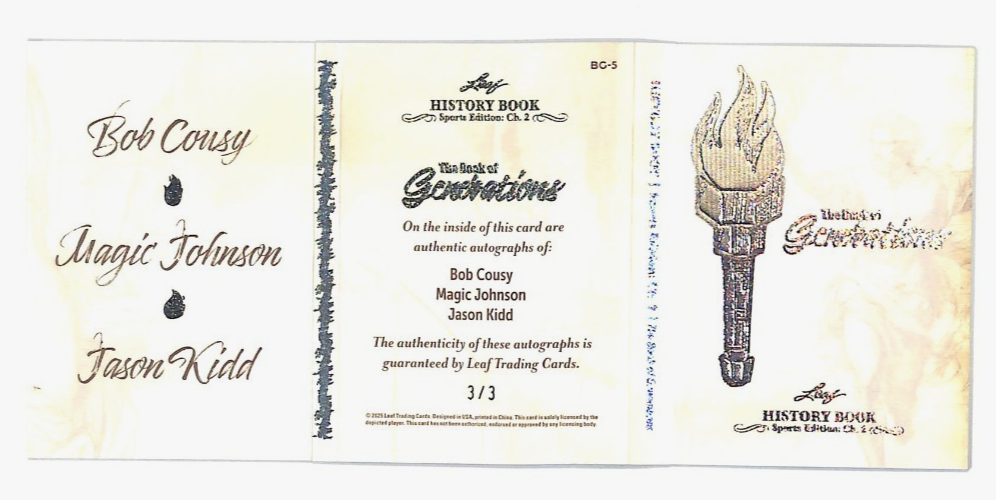 2025 Leaf History Book Ch.2 Cousy, Johnson, Kidd Autograph Booklet BC-5 #3/3