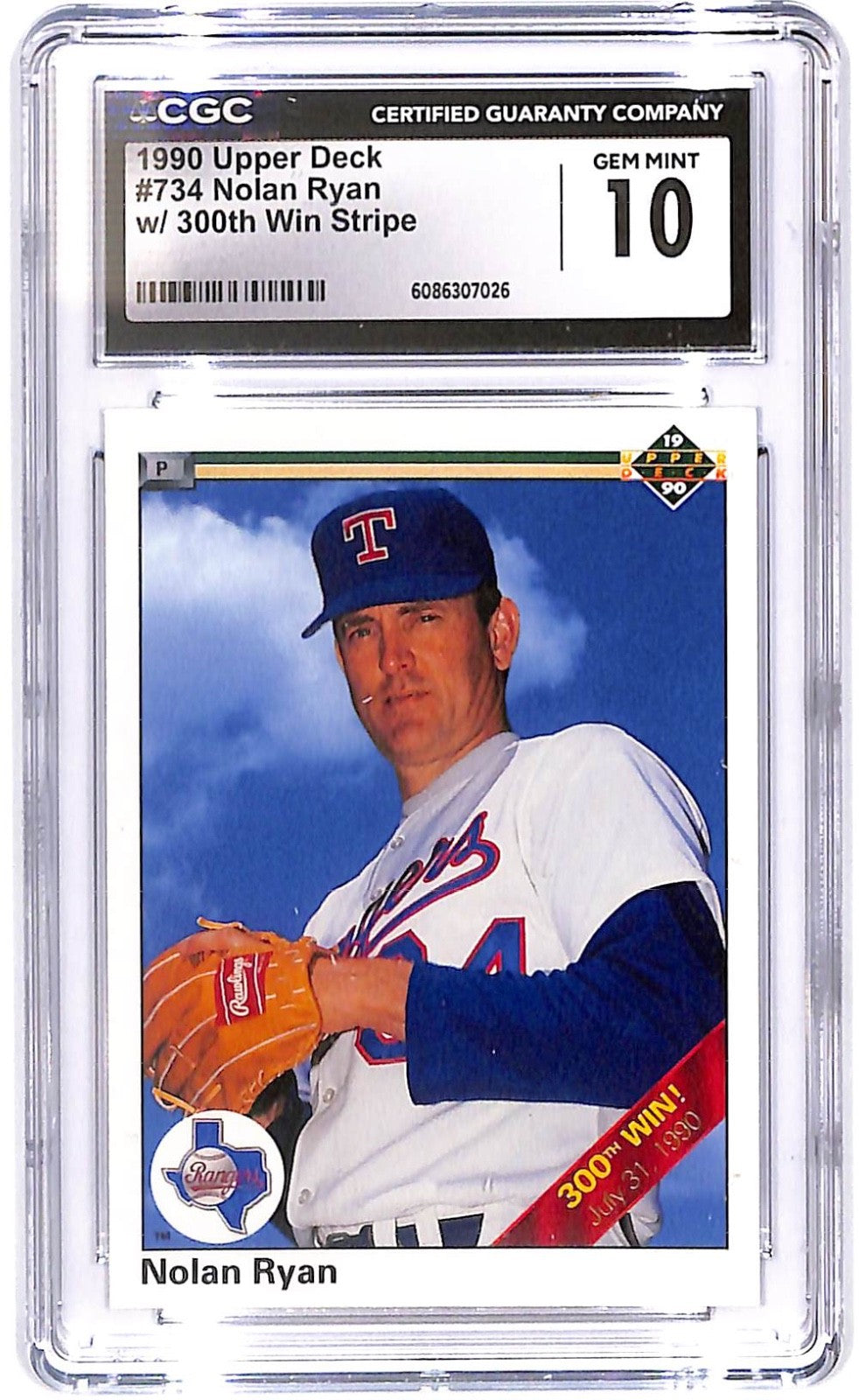 1990 Nolan Ryan Upper Deck #734 300th Win Banner Stripe CGC Mint 10