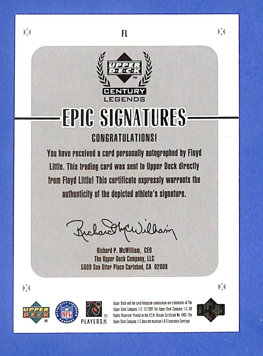 1999 Upper Deck Century Legends Epic Signatures Floyd Little #FL (AU) Broncos