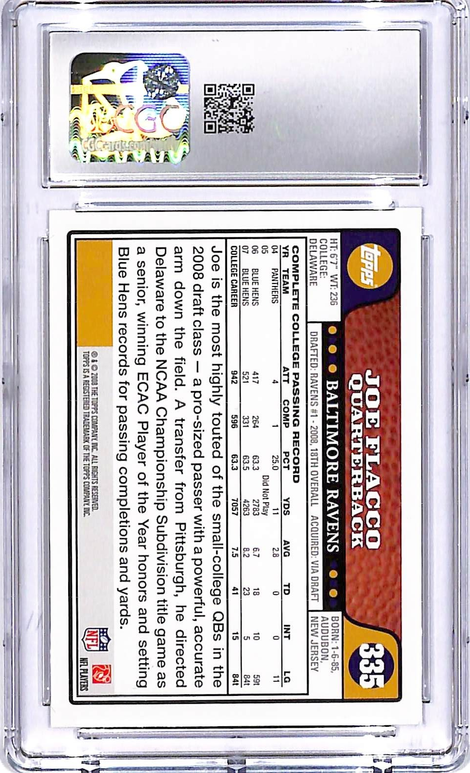 2008 Topps Joe Flacco Rookie RC #335 CGC 10 Ravens