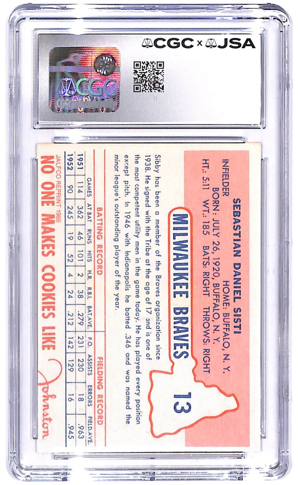 1988 Sibby Sisti JALFCO '53 Johnston Cookies Reprint AUTO #13 CGC - JSA 8 Auto 9
