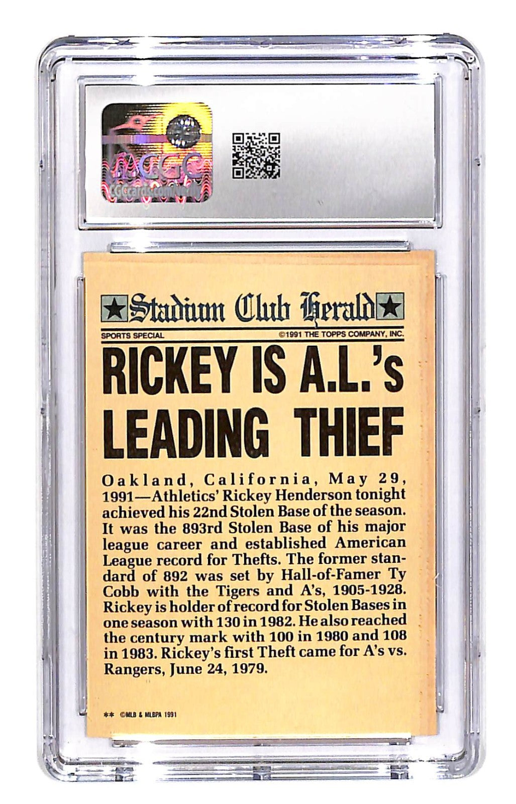 1991 Rickey Henderson Topps Stadium Club Members Top AL Thief CGC Gem Mint 10