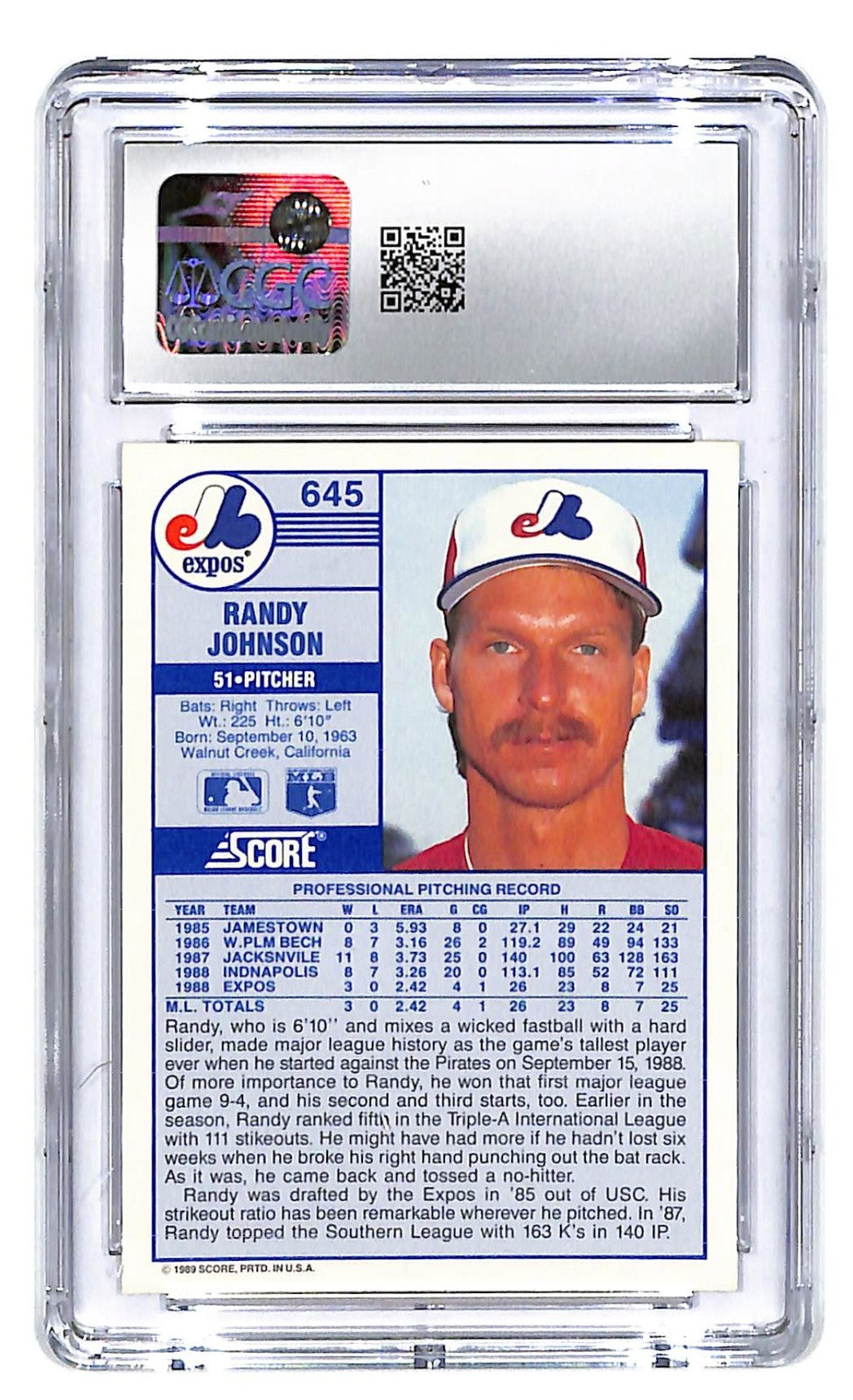 1989 Randy Johnson Score - #645 (RC) CGC Gem Mint 10