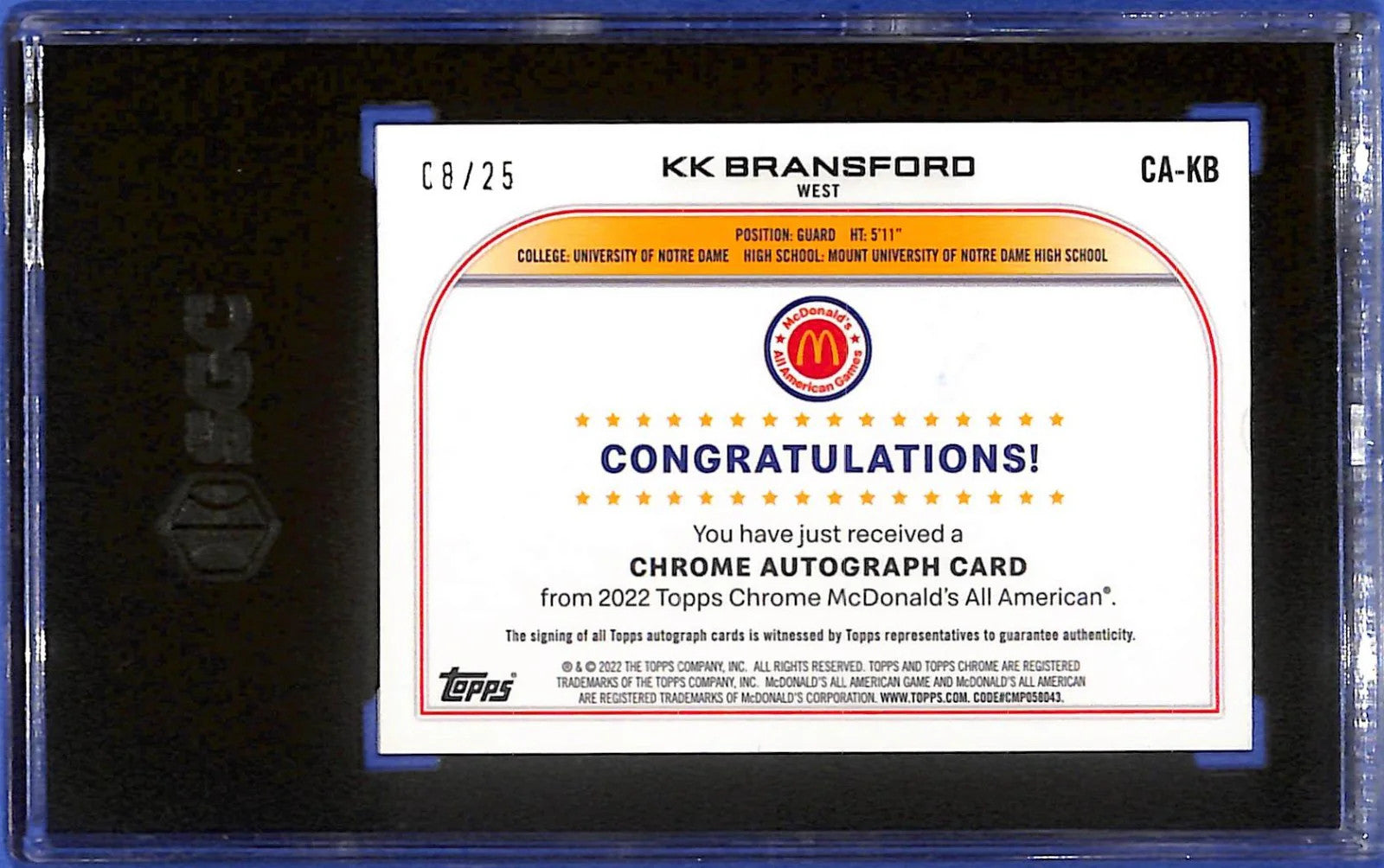 2022 Topps Chrome McDonald's A.A. Autographs KK Bransford Orange #8/25 SGC 8.5