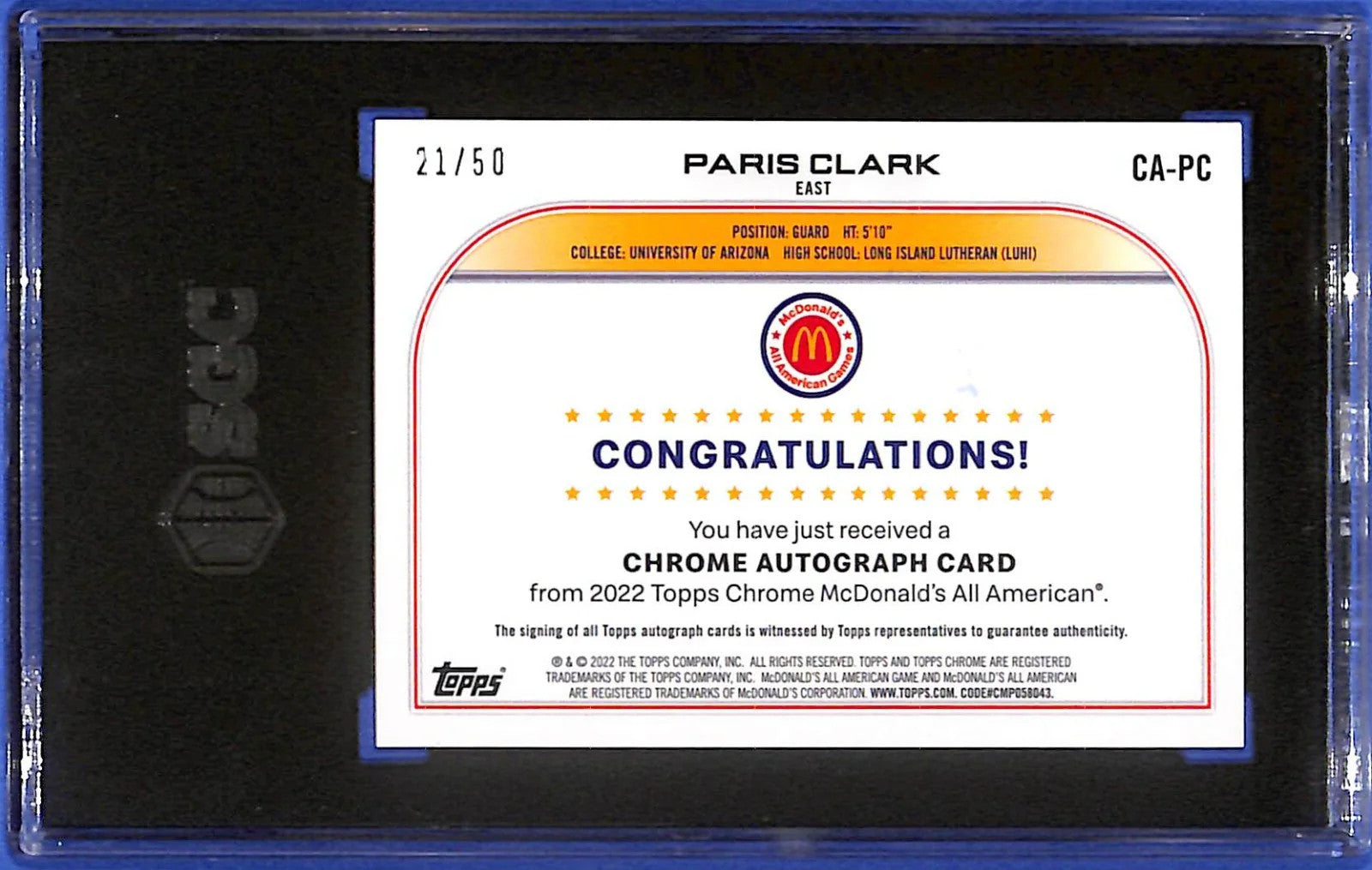 2022 Topps Chrome McDonald's A. A. Paris Clark Auto Gold Wave Refractor SGC 10