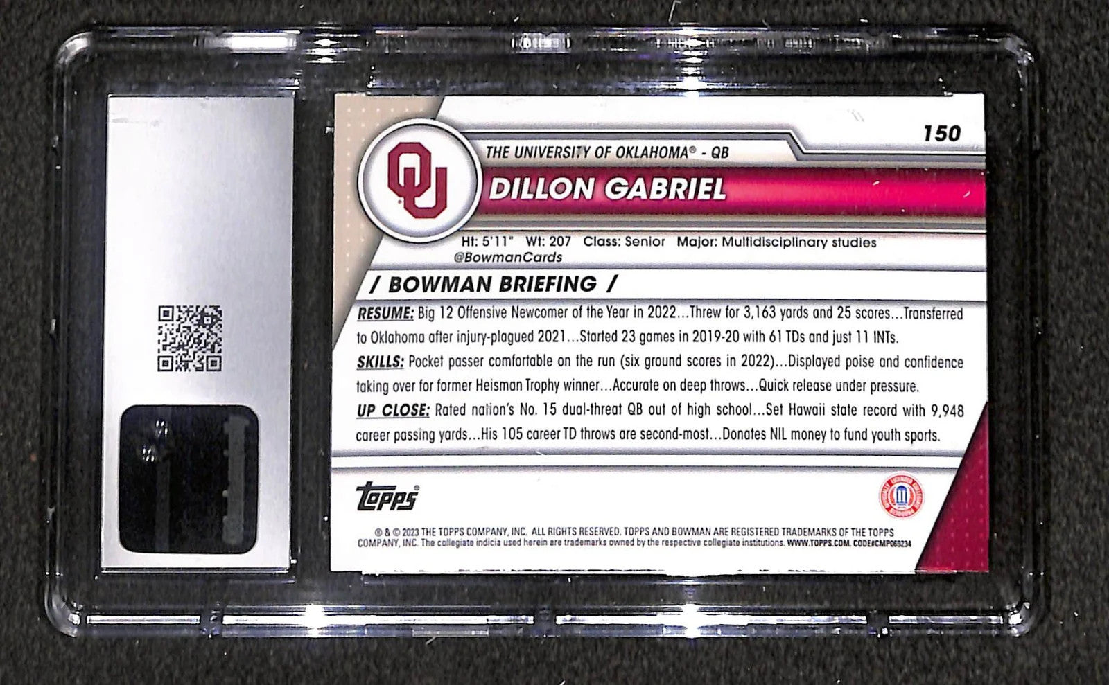2023 Bowman University Chrome Sapphire Edition Dillon Gabriel #150 (RC) CGC 10