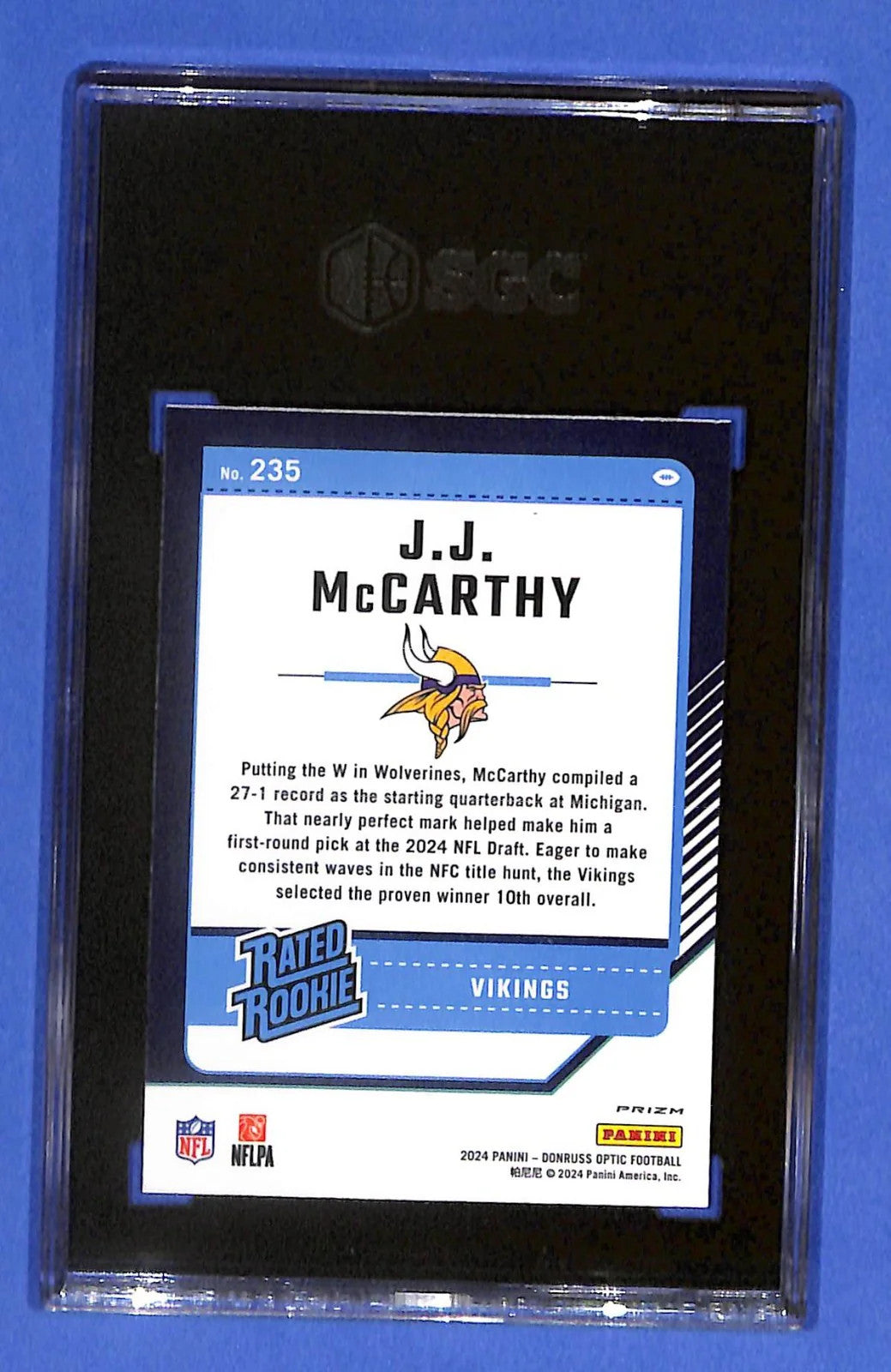2024 Panini Donruss Optic Rated Rookie J.J. McCarthy #235 Holo Prizm (RC) SGC 10