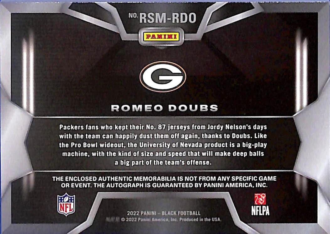2022 Panini Black - Romeo Doubs AUTO/DUAL PATCH RC /50 GREEN BAY PACKERS