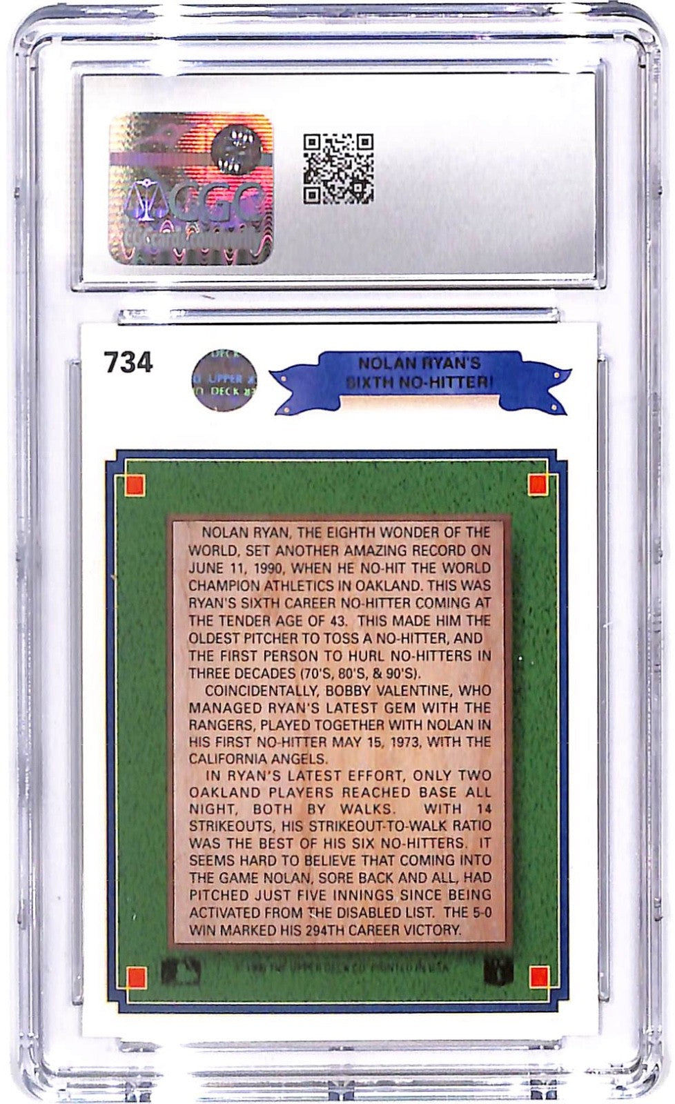 1990 Nolan Ryan Upper Deck #734 300th Win Banner Stripe CGC Mint 10