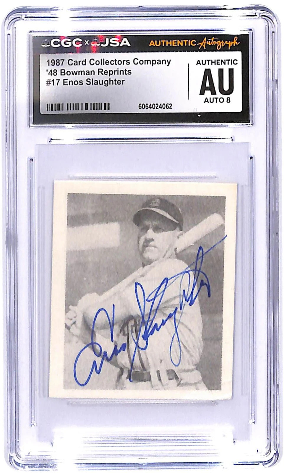 1987 Enos Slaughter CCC '48 Bowman Reprint #17 CGC - JSA Authentic Auto 8