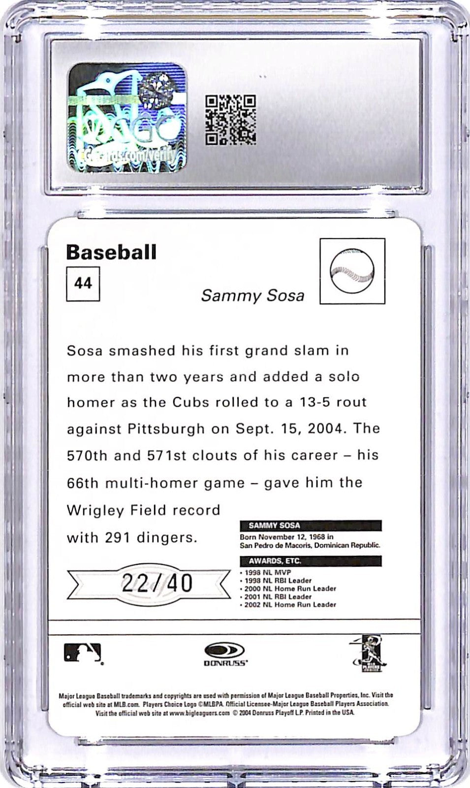 2005 Leaf Sportscasters Sammy Sosa Green Batting Bat #44 /40 CGC 9.5 Cubs