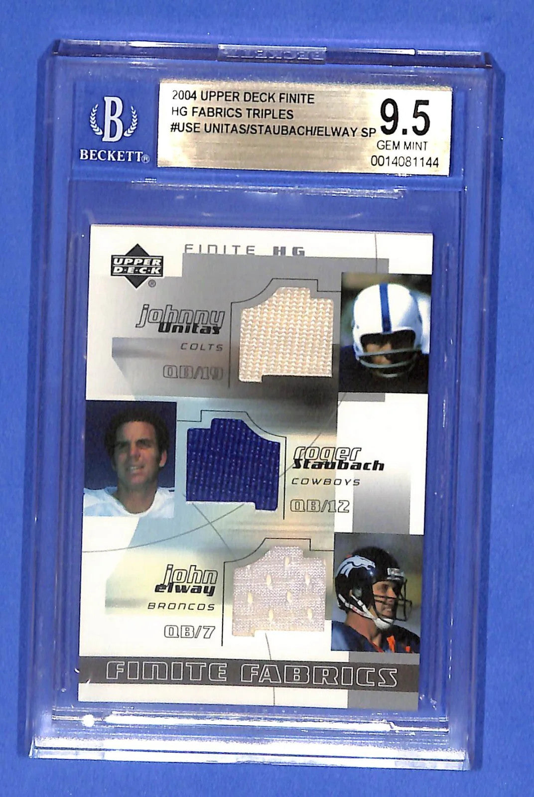 2004 U.D. Finite HG Fabrics Triples Unitas/Stauback/Elway #USE SP BGS 9.5