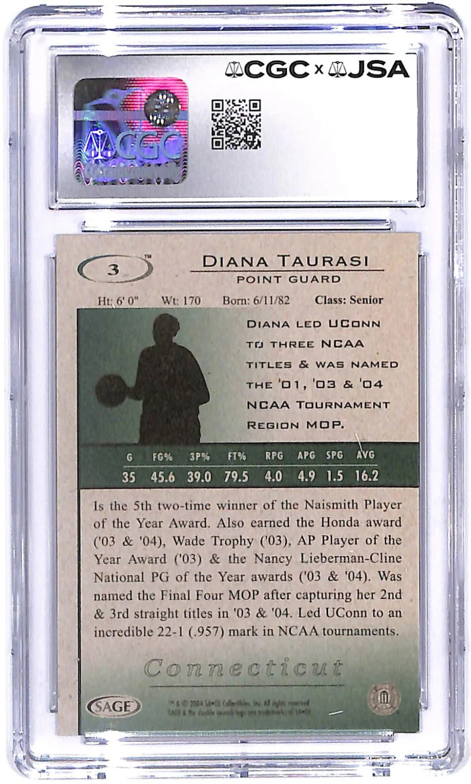2004 Diana Taurasi SAGE Hit Auto #3 (RC) SGC - JSA 8 Auto 8